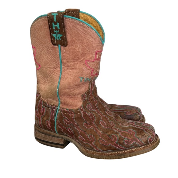 Tin Haul CACTUS Western Cowgirl Boots Pink Brown Teal Stitching Size 1 - Picture 1 of 10